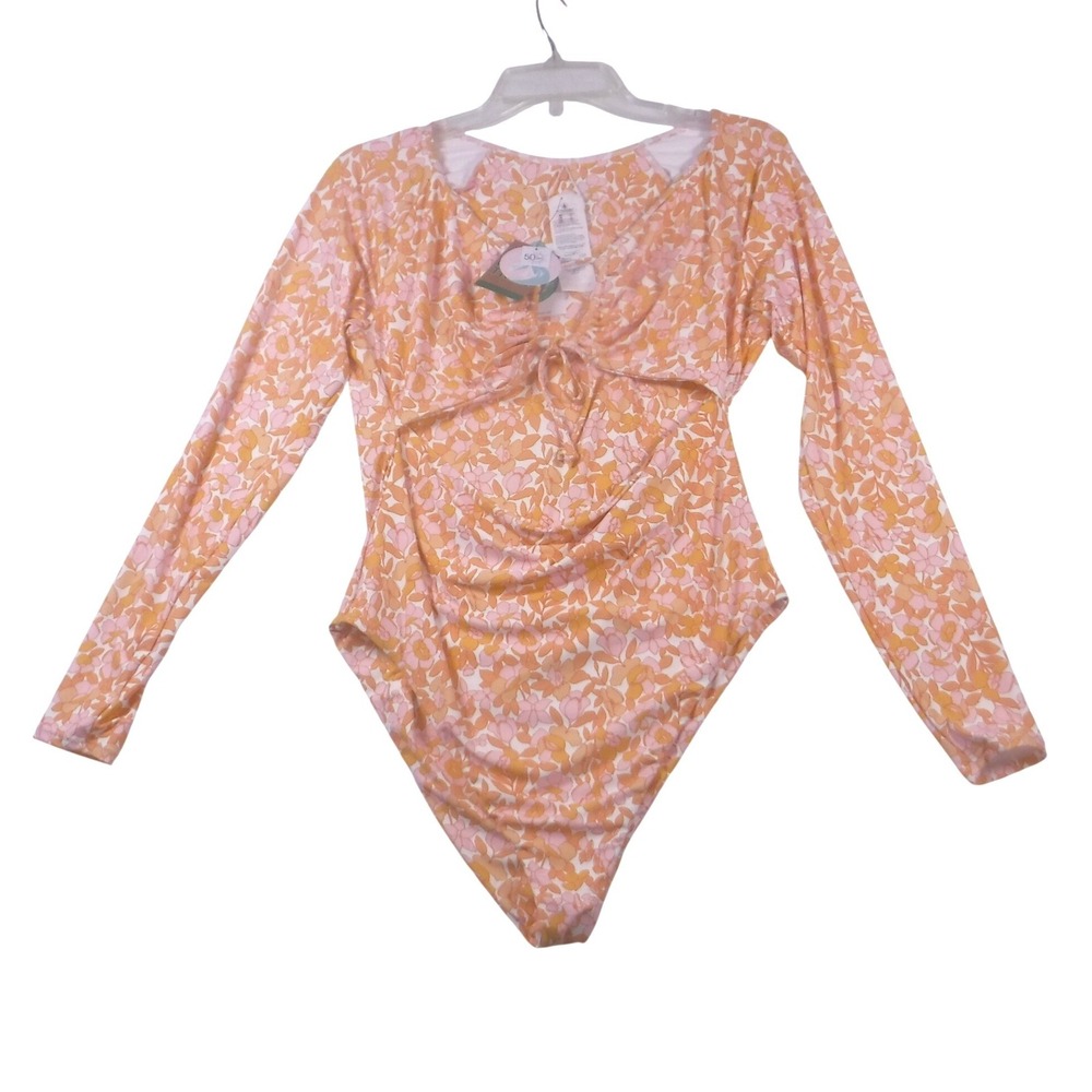 Volcom Womens Floral Long Sleeve One Piece Swimsuit Cutout Orange Pink XXL NWT